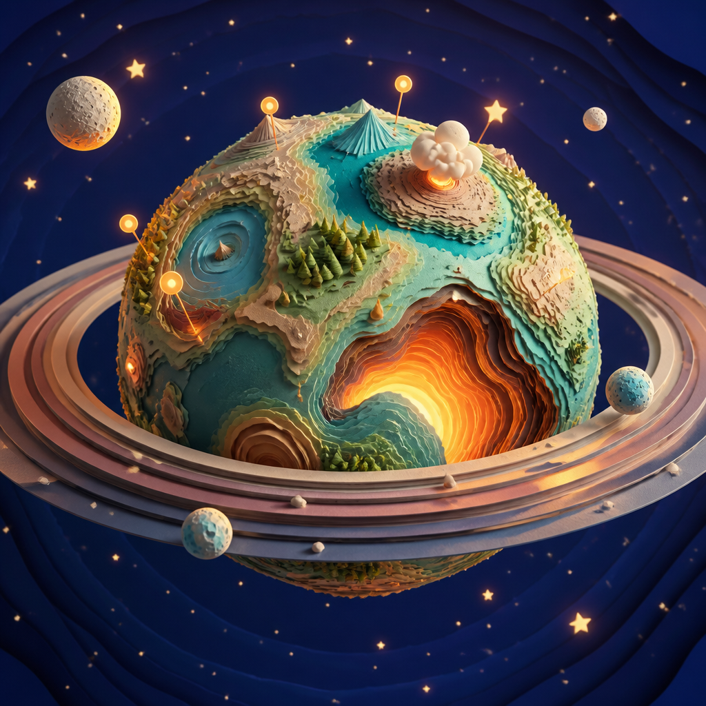 A stylised planet with rings, forests, oceans and a glowing core